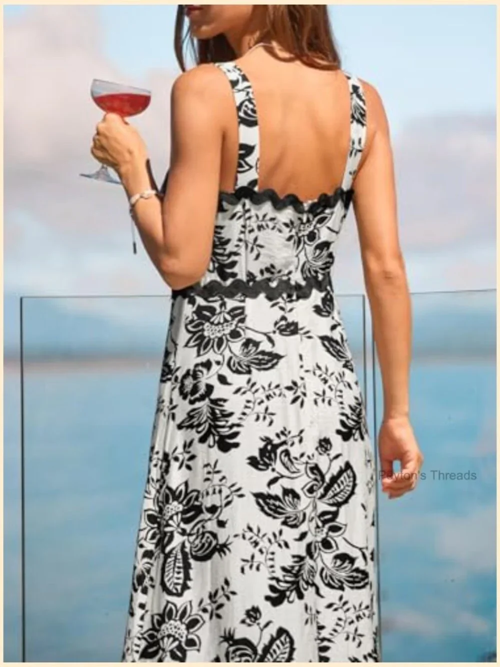 Sleeveless Scallop Trim Boho Floral Maxi Dress Flowy Summer Sundress - Picture 6 of 7